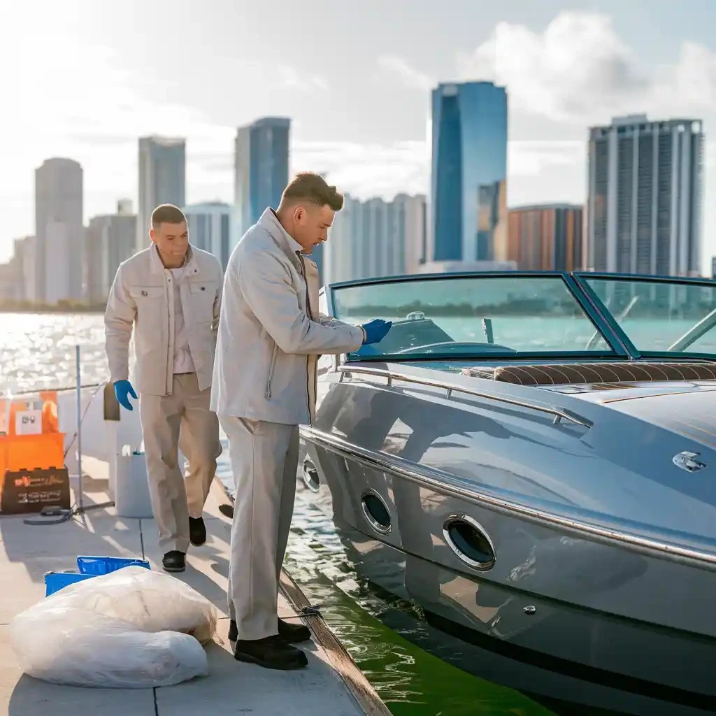 Boat maintenance team in Miami inspecting a speedboat with winterization supplies near a bright city skyline.