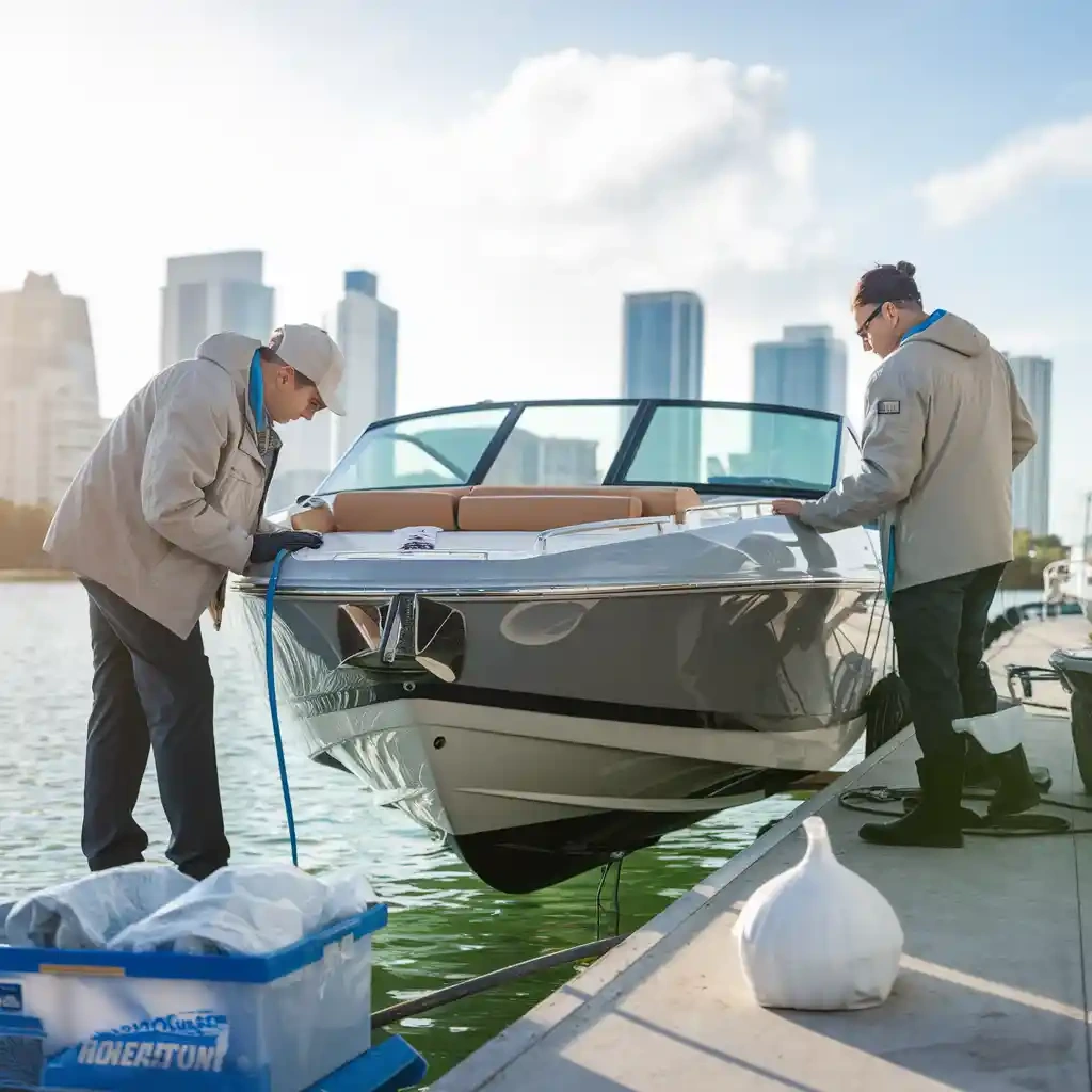Aerial view of Miami boatyard showing winterized boats with shrink wrap and maintenance activities near turquoise waters.