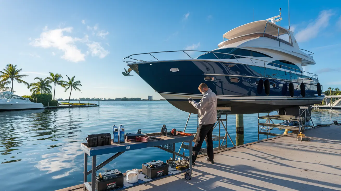 Winterization and seasonal boat maintenance in Miami, FL showing a technician working on a luxury yacht at a sunny marina