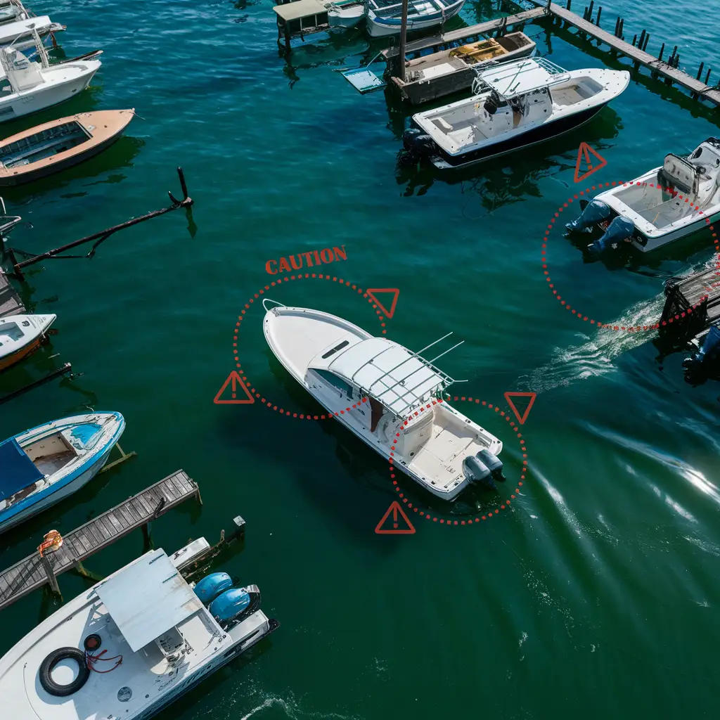 Bird’s-eye view of boats in Biscayne Bay with one misaligned and showing visible maintenance issues.