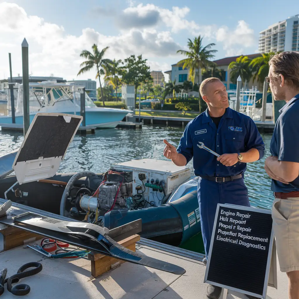 Client and marine technician discussing outboard engine repairs and hull damage in Miami
