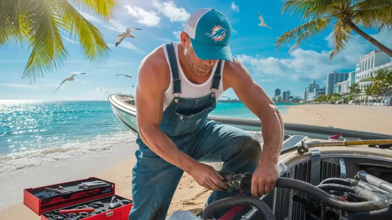 Boat mechanic repairing engine on Miami Beach to show boat repair cost in Miami