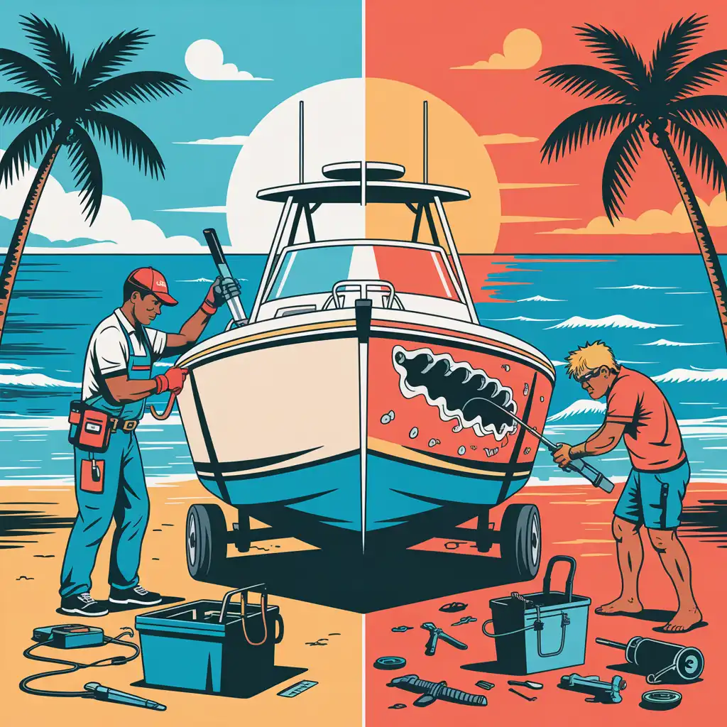 Professional boat mechanic and frustrated DIY enthusiast repairing boats on Miami shoreline