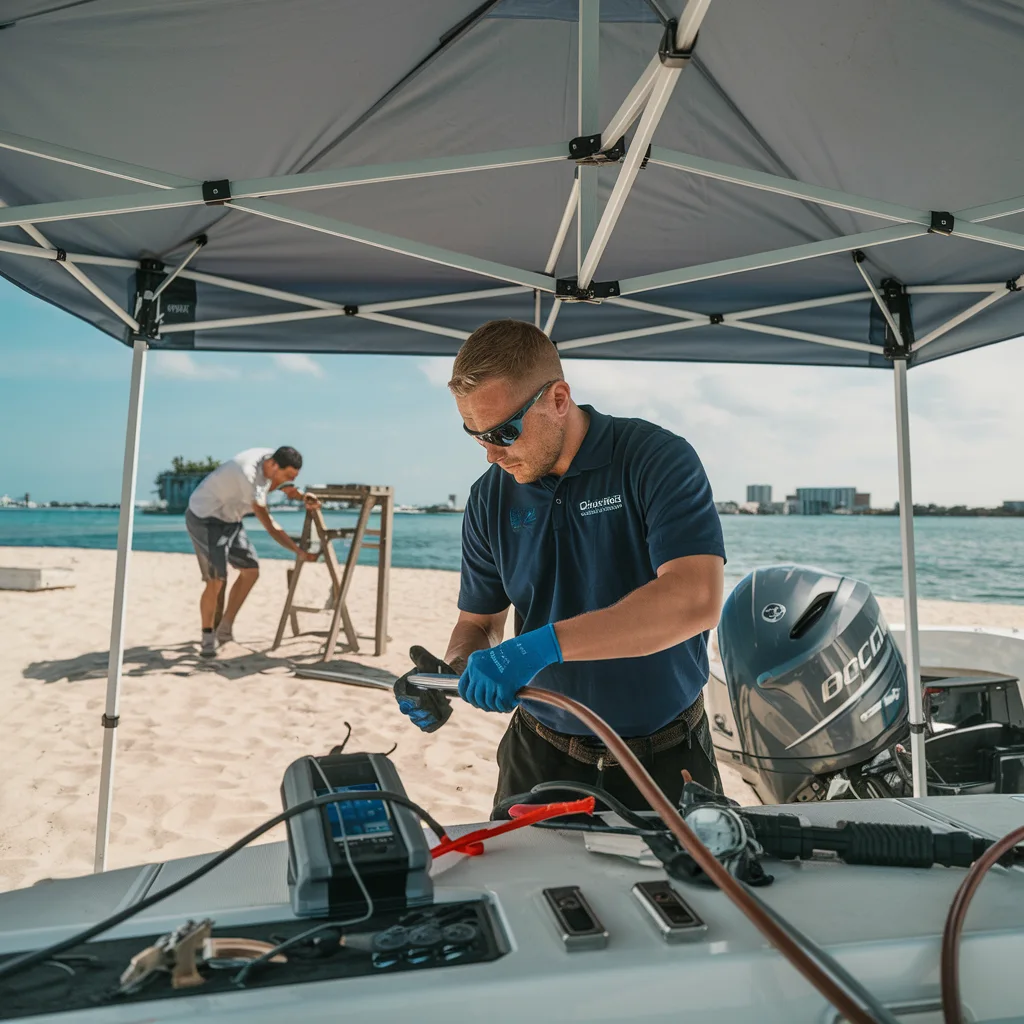 Experienced boat mechanic repairing a yacht on sunny Miami beach with tools and canopy