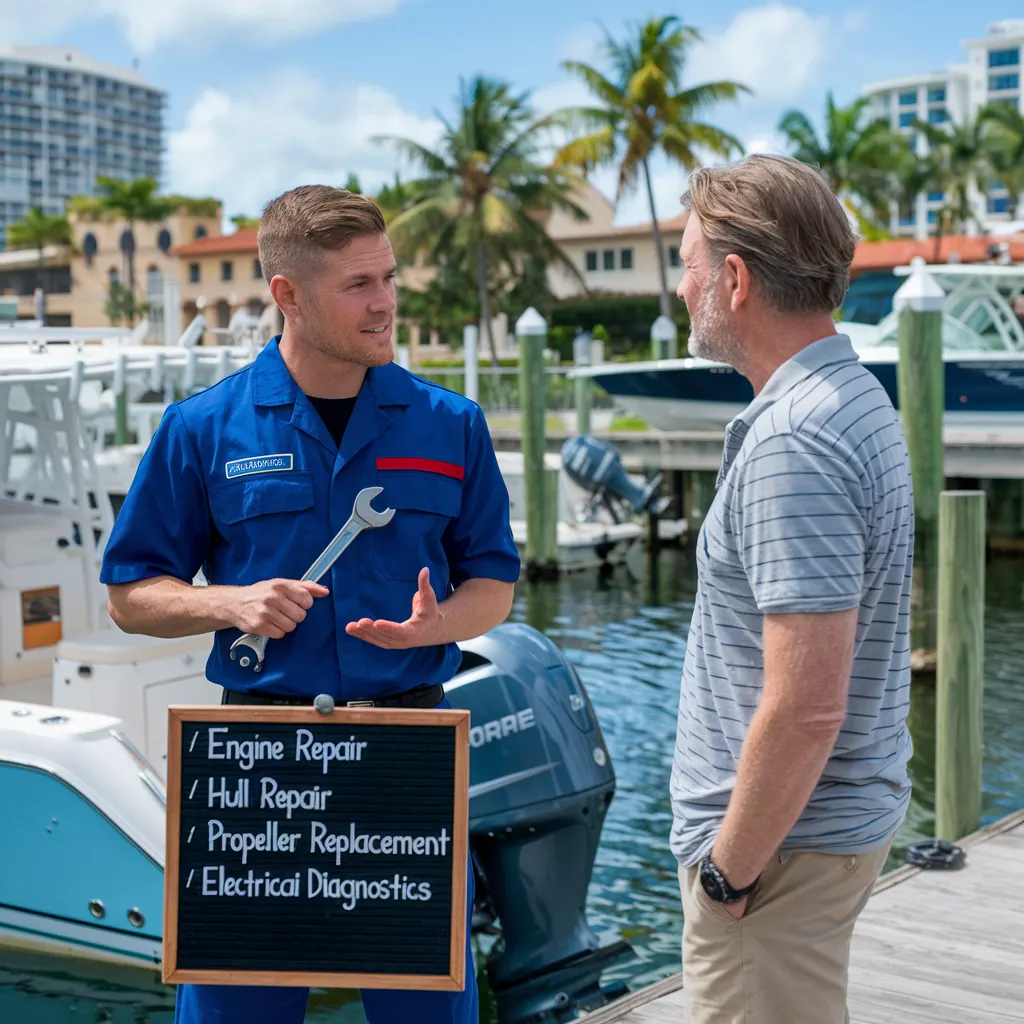 Professional boat mechanic in Miami detailing electrical system repair and propeller replacement