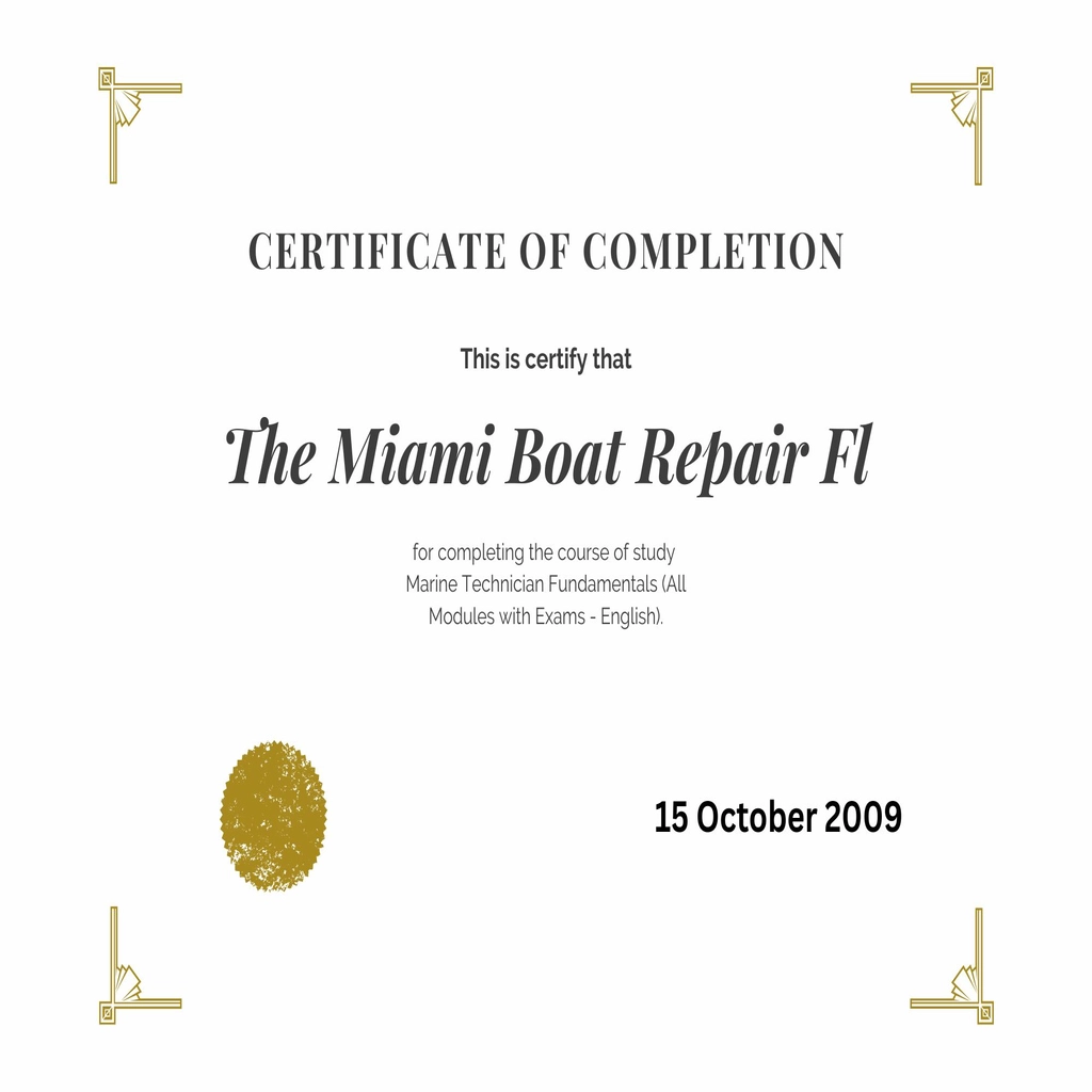 Official certificate awarded to The Miami Boat Repair FL for outstanding achievement.