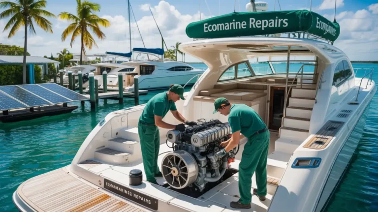Technician performing eco-friendly boat engine repair in Miami marina