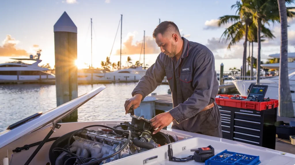 Marine technician performing emergency engine repair on a speedboat docked at a Miami marina under clear skies.