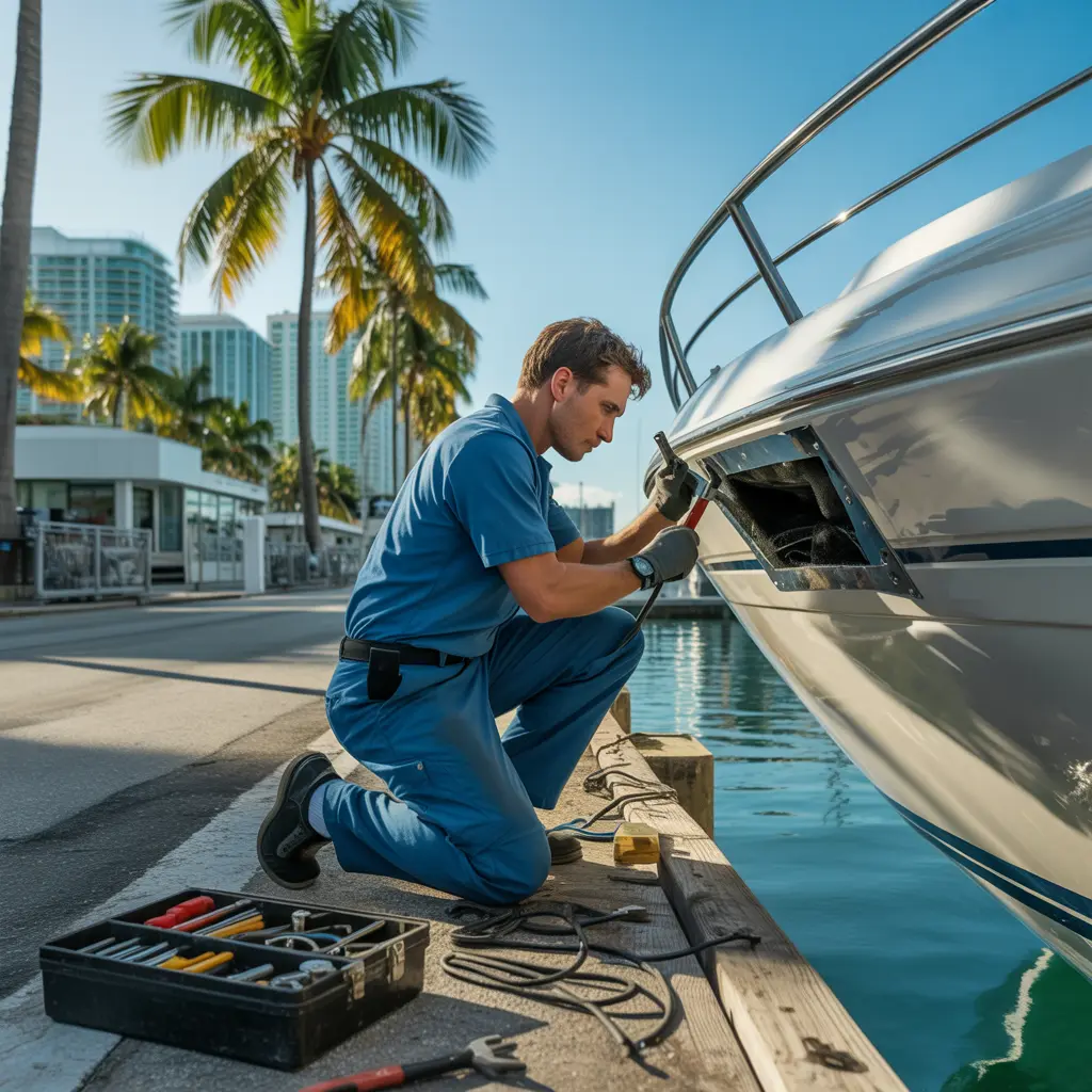 Marine technician fixing a damaged yacht in Miami