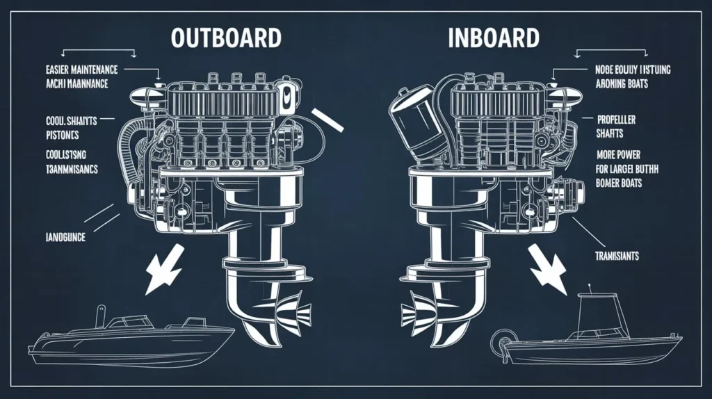 Side-by-side comparison of Outboard vs. Inboard Engine repair, Miami mechanics servicing boats at a marina