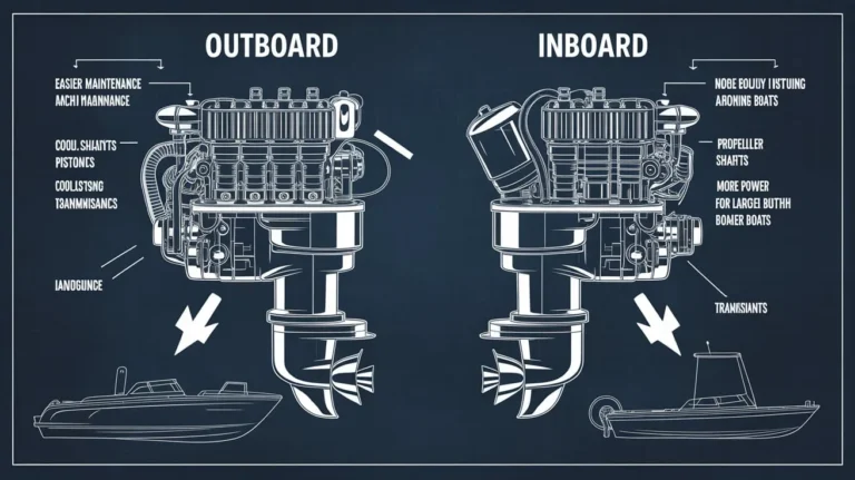 Side-by-side comparison of Outboard vs. Inboard Engine repair, Miami mechanics servicing boats at a marina