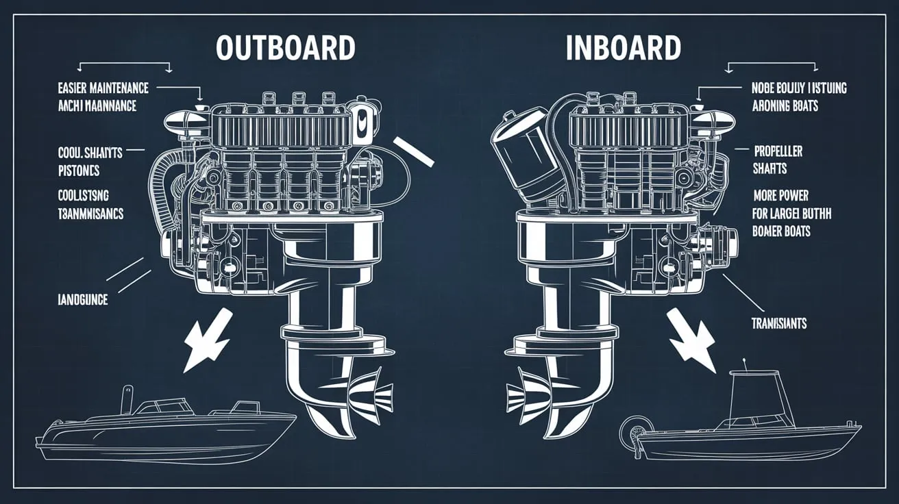 Side-by-side comparison of Outboard vs. Inboard Engine repair, Miami mechanics servicing boats at a marina