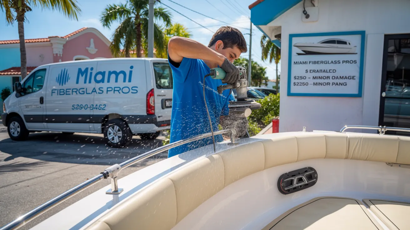 A professional technician repairing a fiberglass boat in Miami with tools and price board showing fiberglass repair costs for minor to major damage, with palm trees and ocean architecture in the background.