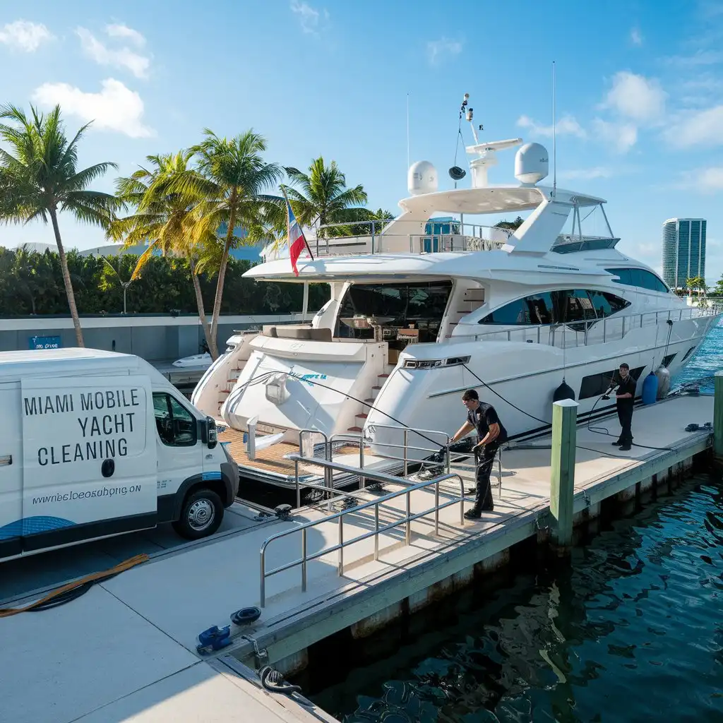 Mobile boat detailing service in Miami marina with crew cleaning a luxury yacht exterior.