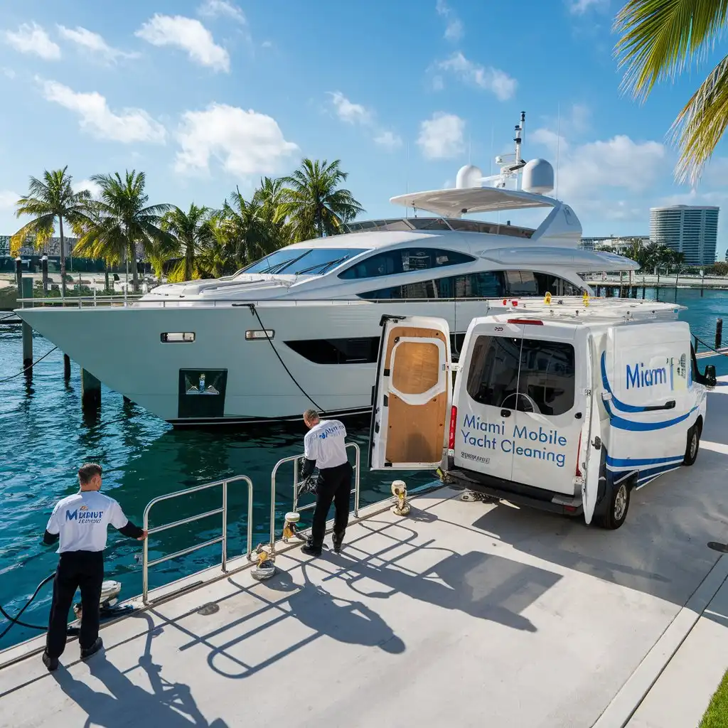 Interior boat detailing by professional cleaners at a Miami marina with clear blue skies.