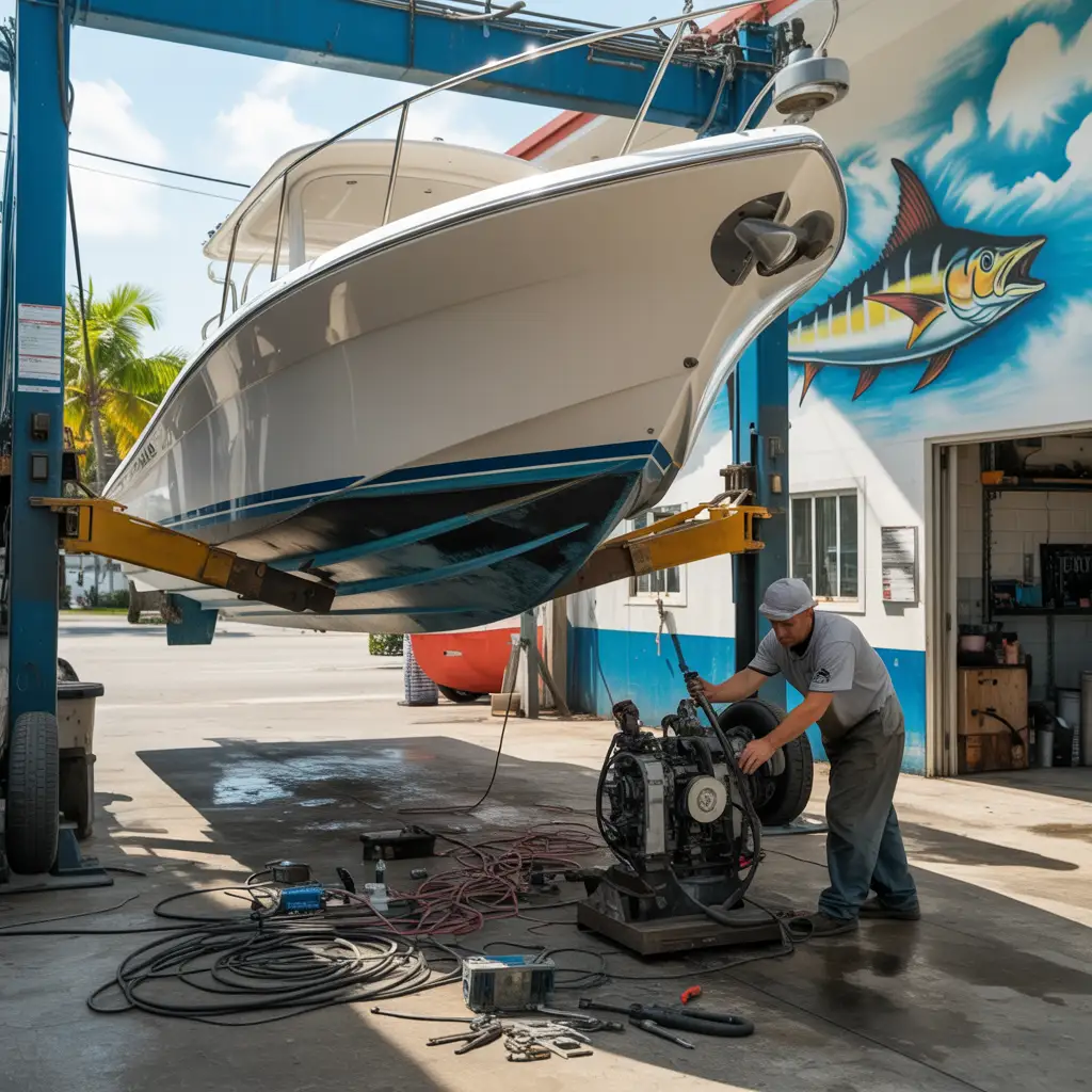 Marine repair specialists working on boat engines inside a repair shop in Allapattah.