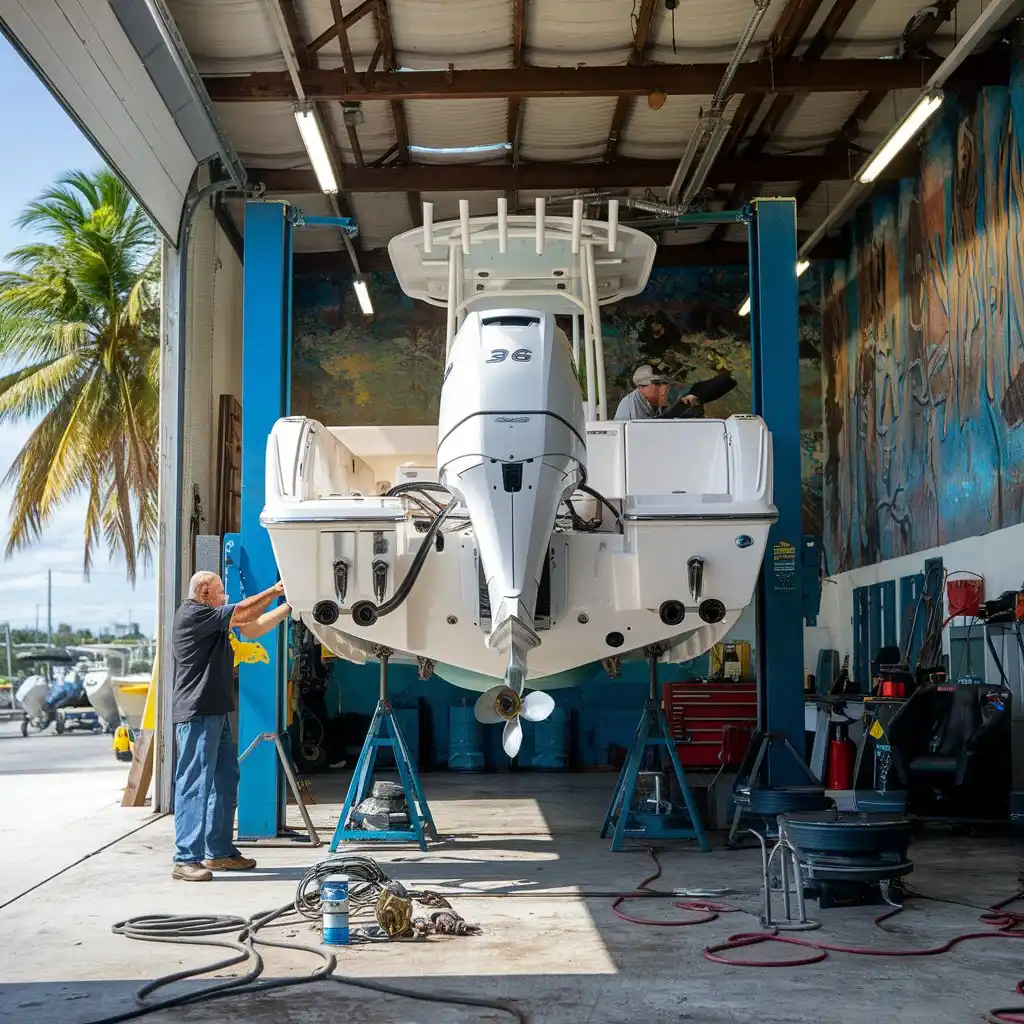 Technicians performing maintenance on a docked vessel in Allapattah, Miami, with tropical background and detailed repair tools.
